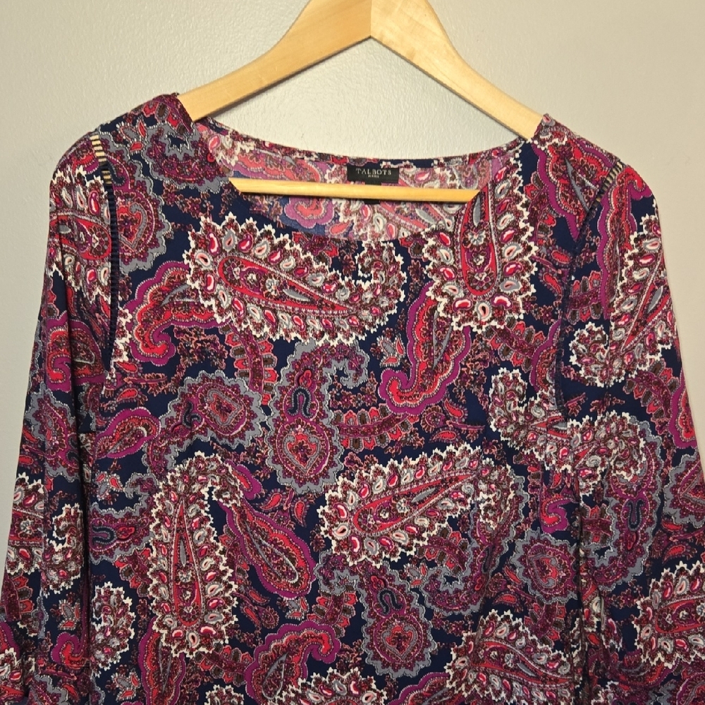 Talbots Medium Petite Paisley Black & Pink Scoop Neck Flutter Sleeve Top